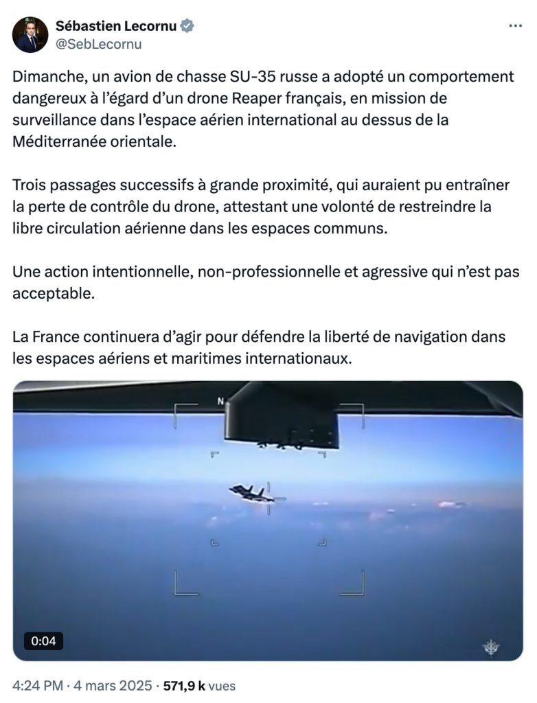 Dimanche, un avion de chasse SU-35 russe a adopté un comportement dangereux à l’égard d’un drone Reaper français, en mission de surveillance dans l’espace aérien international au dessus de la Méditerranée orientale.